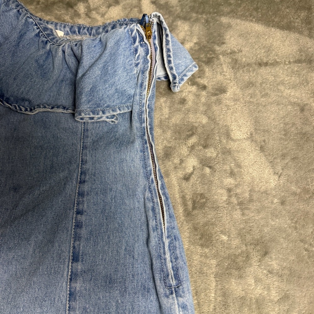 Gianni Bini Light Wash Zip Denim One Shoulder Ruffle Mini Dress XS Slit Bodycon - Picture 2 of 7